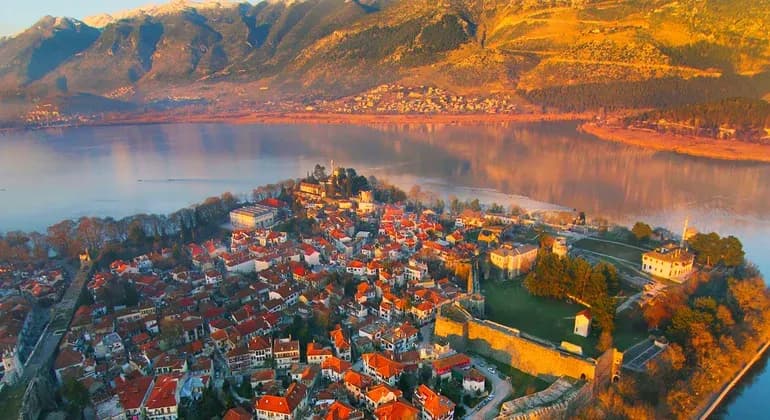 Aerial view of Ioannina's old town and castle on the shore of Lake Pamvotida
