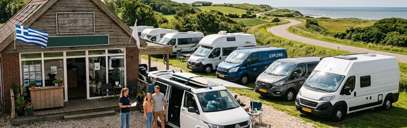 Couple receiving campervan keys at Aktion Airport