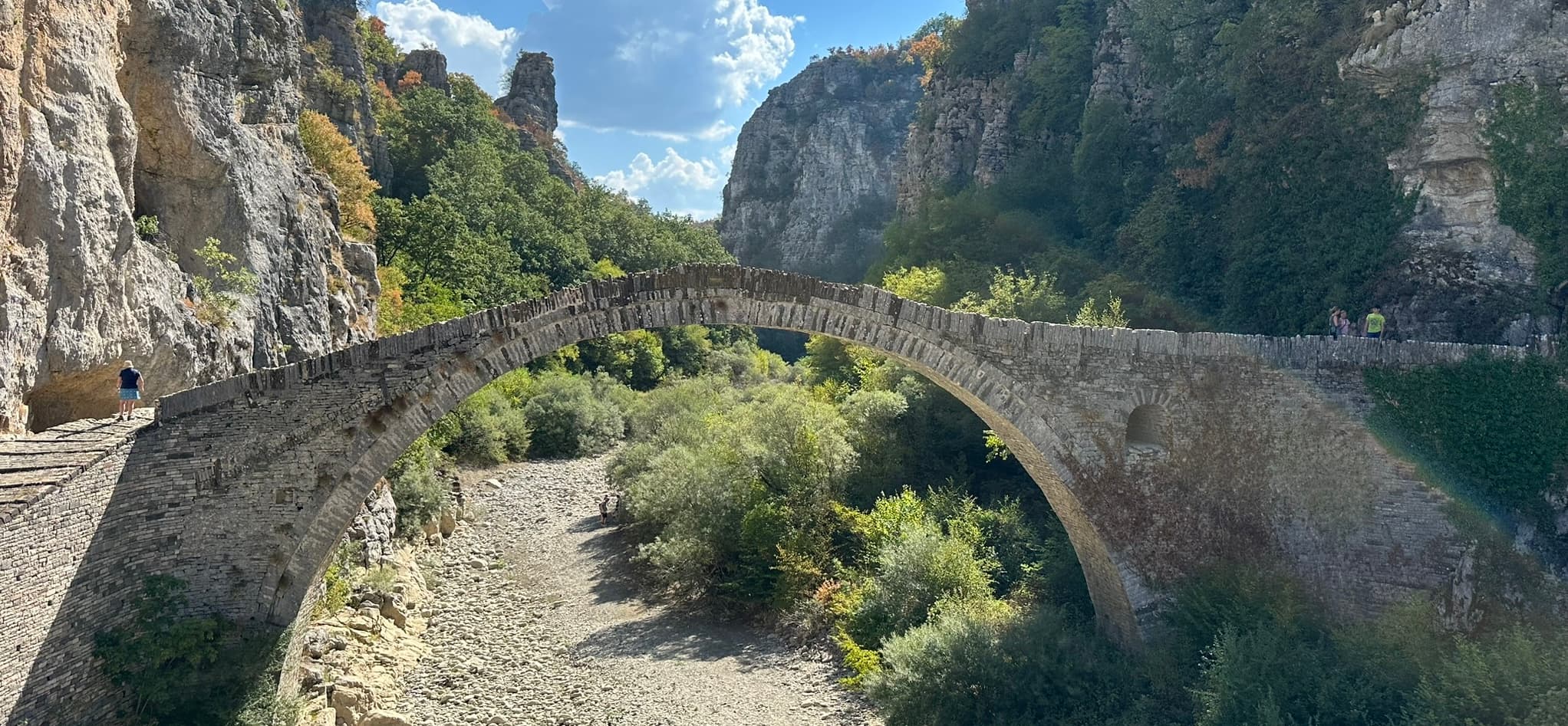 Panoramic view of Vikos Gorge with sheer limestone cliffs dropping into a lush green ravine